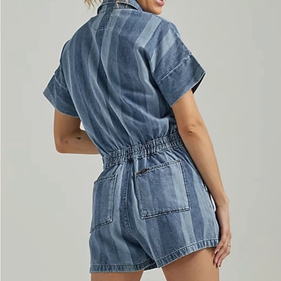 Lee Union-Alls Denim Romper Striped Utility Zip Front Short Jumpsuit Large-NWT - Picture 2 of 11